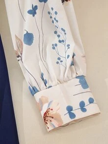 GlowEve Women Floral Print Collared Patchwork A-Line Midi Dress Navy Blue Floral Autumn Elegant Mature Office Work Waist Cinched Retro French Teachers' Day - Multicolor - View 7