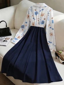 GlowEve Women Floral Print Collared Patchwork A-Line Midi Dress Navy Blue Floral Autumn Elegant Mature Office Work Waist Cinched Retro French Teachers' Day - Multicolor - View 2