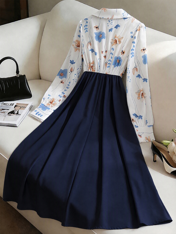 GlowEve Women Floral Print Collared Patchwork A-Line Midi Dress Navy Blue Floral Autumn Elegant Mature Office Work Waist Cinched Retro French Teachers' Day - Multicolor - View 2