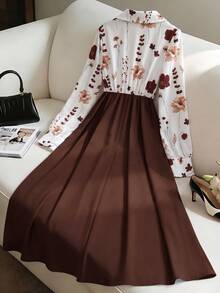 GlowEve Women Elegant Brown Floral Spring And Summer Tea Party Dress,Collared Patchwork Design A-Line Midi,Everyday Commute Vacation French Street Retro New - Coffee Brown - View 2