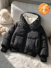 SHEIN 青少年女款連帽加厚外套，大毛領、羅紋袖口與下擺，冬季服飾，黑白配色工裝寬鬆款 - 黑色 - 查看 5