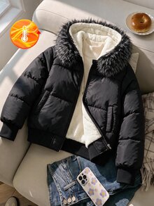SHEIN 青少年女款連帽加厚外套，大毛領、羅紋袖口與下擺，冬季服飾，黑白配色工裝寬鬆款 - 黑色 - 查看 4