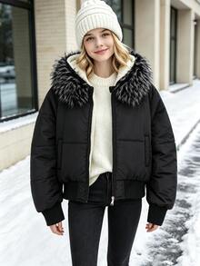 SHEIN 青少年女款連帽加厚外套，大毛領、羅紋袖口與下擺，冬季服飾，黑白配色工裝寬鬆款 - 黑色 - 查看 6