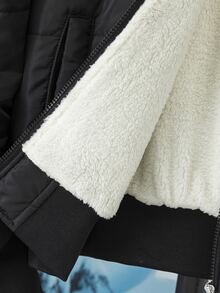 SHEIN 青少年女款連帽加厚外套，大毛領、羅紋袖口與下擺，冬季服飾，黑白配色工裝寬鬆款 - 黑色 - 查看 9