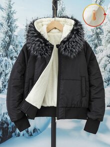 SHEIN 青少年女款連帽加厚外套，大毛領、羅紋袖口與下擺，冬季服飾，黑白配色工裝寬鬆款 - 黑色 - 查看 8