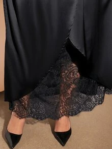 Cravure French Vintage Elegant Fashion Exquisite Lace Mesh Patchwork V-Neck Cinched Waist Slit Dress Fall - Black - View 4