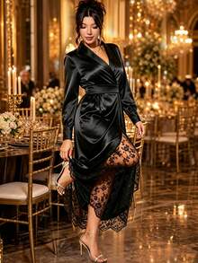 Cravure French Vintage Elegant Fashion Exquisite Lace Mesh Patchwork V-Neck Cinched Waist Slit Dress Fall - Black - View 1