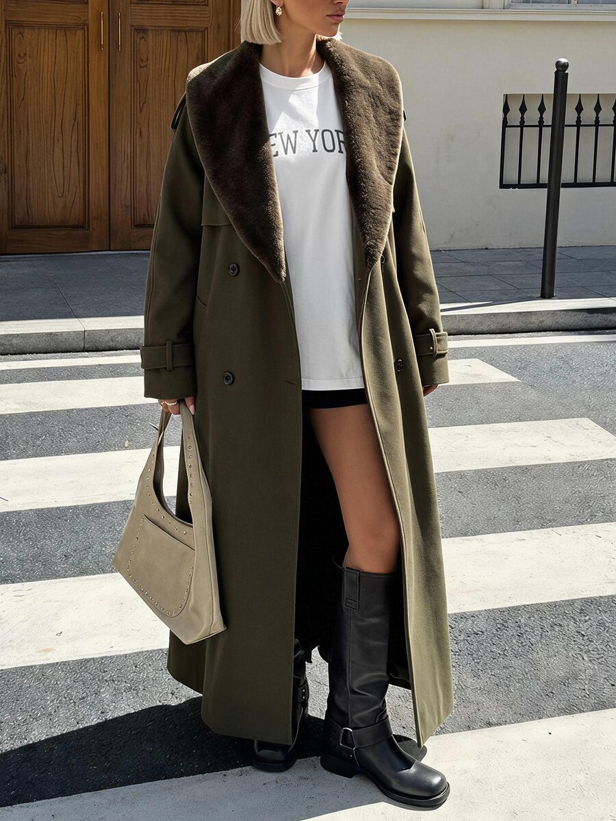 Muchica Casaco Longo Trench Feminino de Outono Verde Oliva com Gola de ...