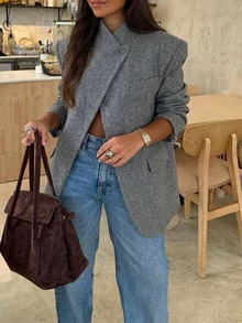 SHEIN PariChic 女款優雅休閒立領灰色羊毛西裝外套，不對稱單扣設計，附口袋，秋季保暖外套，復古極簡風，適合日常穿著 - 灰色 - 查看 5