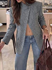SHEIN PariChic 女款優雅休閒立領灰色羊毛西裝外套，不對稱單扣設計，附口袋，秋季保暖外套，復古極簡風，適合日常穿著 - 灰色 - 查看 2
