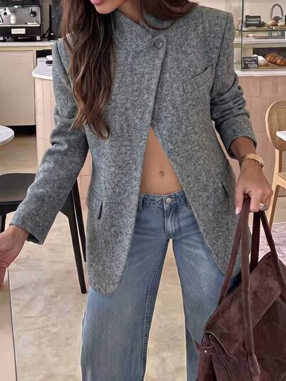 SHEIN PariChic Women Elegant Casual Stand Collar Grey Wool Blazer Asymmetric Single Button Autumn Outerwear With Pockets Retro Minimalist Warm Jacket For Daily Wear