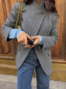 SHEIN PariChic 女款優雅休閒立領灰色羊毛西裝外套，不對稱單扣設計，附口袋，秋季保暖外套，復古極簡風，適合日常穿著 - 灰色 - 查看 9