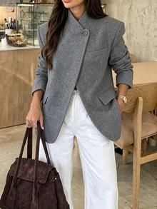 SHEIN PariChic 女款優雅休閒立領灰色羊毛西裝外套，不對稱單扣設計，附口袋，秋季保暖外套，復古極簡風，適合日常穿著 - 灰色 - 查看 6