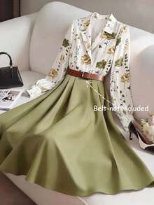 GlowEve Women's Floral Print Collared Patchwork A-Line Midi Dress,Green And White,Spring And Summer,Elegant,Tea Party French Retro Commute Vacation Fashion - Multicolor - View 1