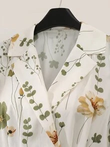 GlowEve Women's Floral Print Collared Patchwork A-Line Midi Dress,Green And White,Spring And Summer,Elegant,Tea Party French Retro Commute Vacation Fashion - Multicolor - View 3