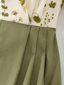 GlowEve Women's Floral Print Collared Patchwork A-Line Midi Dress,Green And White,Spring And Summer,Elegant,Tea Party French Retro Commute Vacation Fashion - Multicolor - View 5