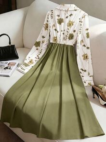GlowEve Women's Floral Print Collared Patchwork A-Line Midi Dress,Green And White,Spring And Summer,Elegant,Tea Party French Retro Commute Vacation Fashion - Multicolor - View 2