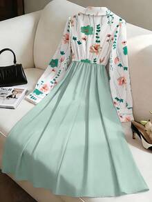 GlowEve Women's Sage Green Floral Print Collared Patchwork A-Line Midi Dress,Elegant Long Sleeve Summer French Retro Dress For Date,Daily Commute,Vacation - Mint Green - View 2