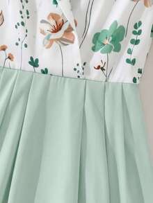 GlowEve Women's Sage Green Floral Print Collared Patchwork A-Line Midi Dress,Elegant Long Sleeve Summer French Retro Dress For Date,Daily Commute,Vacation - Mint Green - View 6