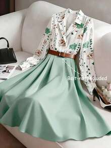 GlowEve Women's Sage Green Floral Print Collared Patchwork A-Line Midi Dress,Elegant Long Sleeve Summer French Retro Dress For Date,Daily Commute,Vacation - Mint Green - View 1