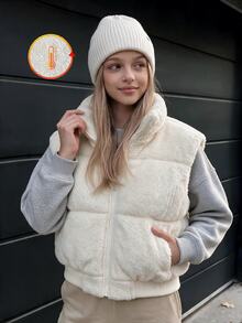 SHEIN Teen Girls Fleece Fall Clothes Casual Streetwear Baggy Sports Wide Shoulder Stand Collar Short Cotton Padded Vest, Autumn/Winter Work White - White - View 3