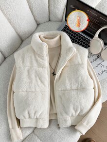 SHEIN Teen Girls Fleece Fall Clothes Casual Streetwear Baggy Sports Wide Shoulder Stand Collar Short Cotton Padded Vest, Autumn/Winter Work White - White - View 5