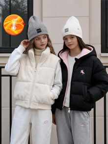 SHEIN Teen Girls Fleece Fall Clothes Casual Streetwear Baggy Sports Wide Shoulder Stand Collar Short Cotton Padded Vest, Autumn/Winter Work White - White - View 6