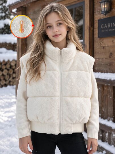 SHEIN Chaleco corto acolchado de algodón para adolescentes, ropa de otoño casual de estilo urbano, holgado, deportivo, de hombros anchos y cuello alto, blanco, para trabajo, otoño/invierno