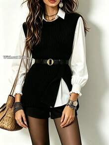 LUMIGAL Fall Clothes FOR WomenWomen's 2 In 1 Long Sleeve Casual Loose Shirt - Black and White - View 3