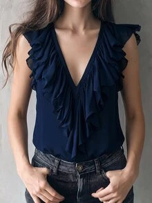 SHEIN Blus Wanita Warna Polos Leher V Dalam Kasual Elegan Serbaguna untuk Pemakaian Sehari-hari, Tanpa Lengan dengan Hiasan Ruffle, Model Flow Shirt untuk Makan Siang, Kencan, dan Perjalanan di Jalanan. - Navy Blue - View 9