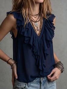 SHEIN Blus Wanita Warna Polos Leher V Dalam Kasual Elegan Serbaguna untuk Pemakaian Sehari-hari, Tanpa Lengan dengan Hiasan Ruffle, Model Flow Shirt untuk Makan Siang, Kencan, dan Perjalanan di Jalanan. - Navy Blue - View 4