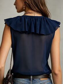 SHEIN Blus Wanita Warna Polos Leher V Dalam Kasual Elegan Serbaguna untuk Pemakaian Sehari-hari, Tanpa Lengan dengan Hiasan Ruffle, Model Flow Shirt untuk Makan Siang, Kencan, dan Perjalanan di Jalanan. - Navy Blue - View 3