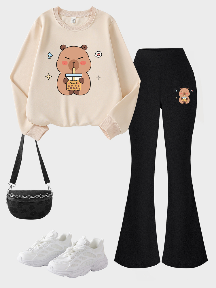 SHEIN 2pcs/Set Tween Girls Capybara Bubble Tea Print Long Sleeve Sweatshirt And Flared Pants,Beige,Autumn,Casual Cute,School Student,Back-To-School Brown - Multicolor - View 3