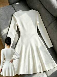 SHEIN Franclia Women's Elegant French Casual Ribbed Knit Mini Dress V‑Neck Gold Decorative Buttons Ruched Bust&Waist Long Sleeve A‑Line Flared Fall Date Night Dress - White - View 3