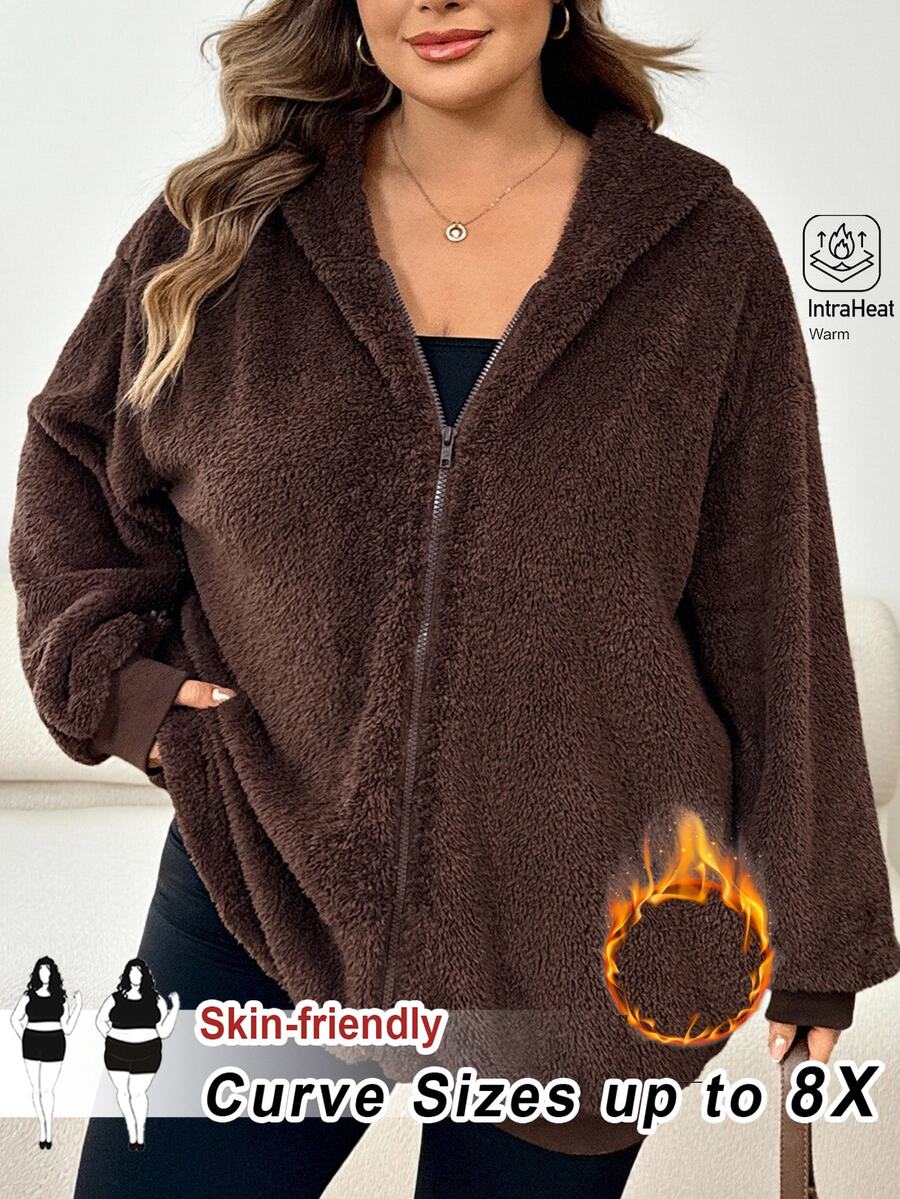 SHEIN CURVE+ Sweatshirt Wanita Polos Bahan Plush dengan Bagian Depan Terbuka, Sweatshirt Wanita Tebal Bahan Plush, Musim Gugur/Dingin - Coklat - View 1