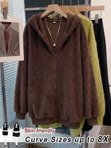 SHEIN CURVE+ Sweatshirt Wanita Polos Bahan Plush dengan Bagian Depan Terbuka, Sweatshirt Wanita Tebal Bahan Plush, Musim Gugur/Dingin - Coklat - View 9