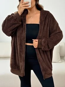 SHEIN CURVE+ Sweatshirt Wanita Polos Bahan Plush dengan Bagian Depan Terbuka, Sweatshirt Wanita Tebal Bahan Plush, Musim Gugur/Dingin - Coklat - View 5