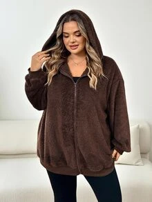 SHEIN CURVE+ Sweatshirt Wanita Polos Bahan Plush dengan Bagian Depan Terbuka, Sweatshirt Wanita Tebal Bahan Plush, Musim Gugur/Dingin - Coklat - View 2