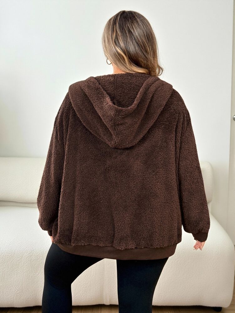 SHEIN CURVE+ 女款純色毛絨開襟連帽衛衣，女款加厚毛絨衛衣，秋冬款 - 棕色 - 查看 7