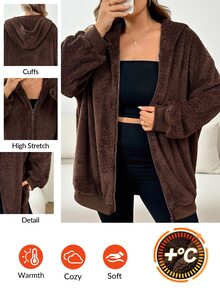 SHEIN CURVE+ Sweatshirt Wanita Polos Bahan Plush dengan Bagian Depan Terbuka, Sweatshirt Wanita Tebal Bahan Plush, Musim Gugur/Dingin - Coklat - View 6
