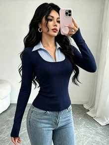 Elenzga Navy Blue Vertical Ribbed 2 In 1 Ribbed Collar Long Sleeve Top, Slim Fit Waist-Cinching Flattering Commuter Versatile Base Layer - Navy Blue - View 5