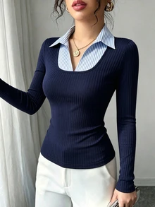 Elenzga Navy Blue Vertical Ribbed 2 In 1 Ribbed Collar Long Sleeve Top, Slim Fit Waist-Cinching Flattering Commuter Versatile Base Layer - Navy Blue - View 3