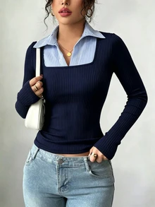 Elenzga Navy Blue Vertical Ribbed 2 In 1 Ribbed Collar Long Sleeve Top, Slim Fit Waist-Cinching Flattering Commuter Versatile Base Layer - Navy Blue - View 8