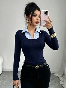 Elenzga Navy Blue Vertical Ribbed 2 In 1 Ribbed Collar Long Sleeve Top, Slim Fit Waist-Cinching Flattering Commuter Versatile Base Layer - Navy Blue - View 4