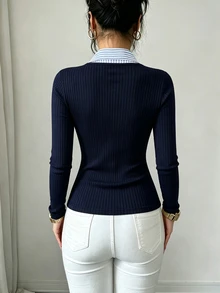 Elenzga Navy Blue Vertical Ribbed 2 In 1 Ribbed Collar Long Sleeve Top, Slim Fit Waist-Cinching Flattering Commuter Versatile Base Layer - Navy Blue - View 7