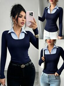 Elenzga Navy Blue Vertical Ribbed 2 In 1 Ribbed Collar Long Sleeve Top, Slim Fit Waist-Cinching Flattering Commuter Versatile Base Layer - Navy Blue - View 6