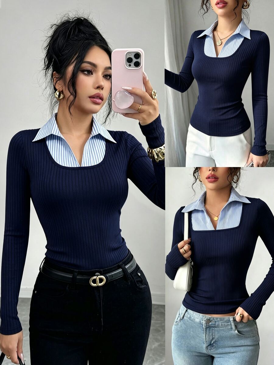 Elenzga Navy Blue Vertical Ribbed 2 In 1 Ribbed Collar Long Sleeve Top, Slim Fit Waist-Cinching Flattering Commuter Versatile Base Layer - Navy Blue - View 1