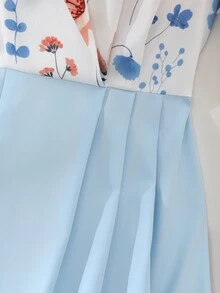 GlowEve 女士印花翻领拼接A字中长连衣裙，魅力优雅，日常通勤、度假、约会皆宜，法式街头复古风，百搭春夏浅蓝色新款 - 彩色 - 查看 5