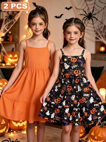 SHEIN Set Gaun Cami Pesta Halloween 2 Potong untuk Anak Perempuan Remaja: Oranye Polos & Rok A-Line Motif Hantu Menyeramkan - Hitam - View 1