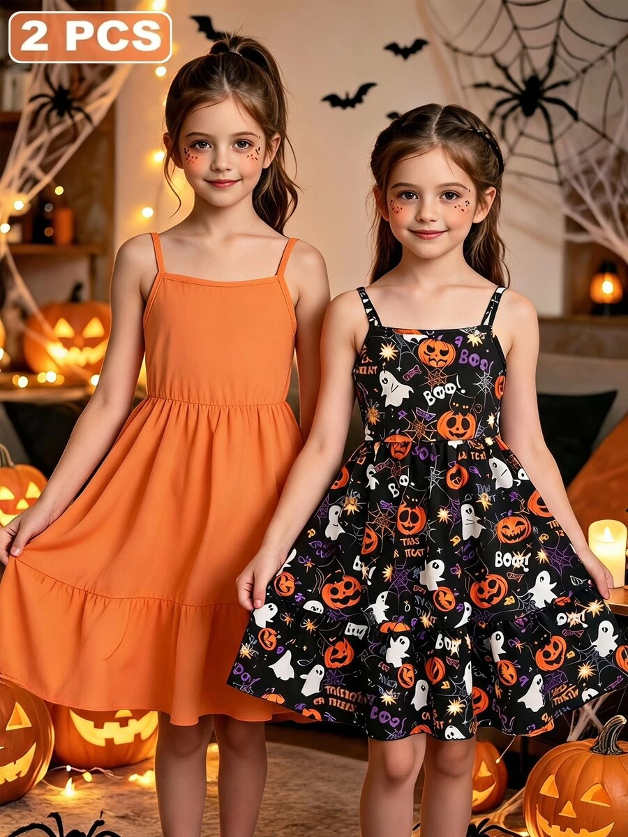 SHEIN Set Gaun Cami Pesta Halloween 2 Potong untuk Anak Perempuan Remaja: Oranye Polos & Rok A-Line Motif Hantu Menyeramkan - Hitam - View 1